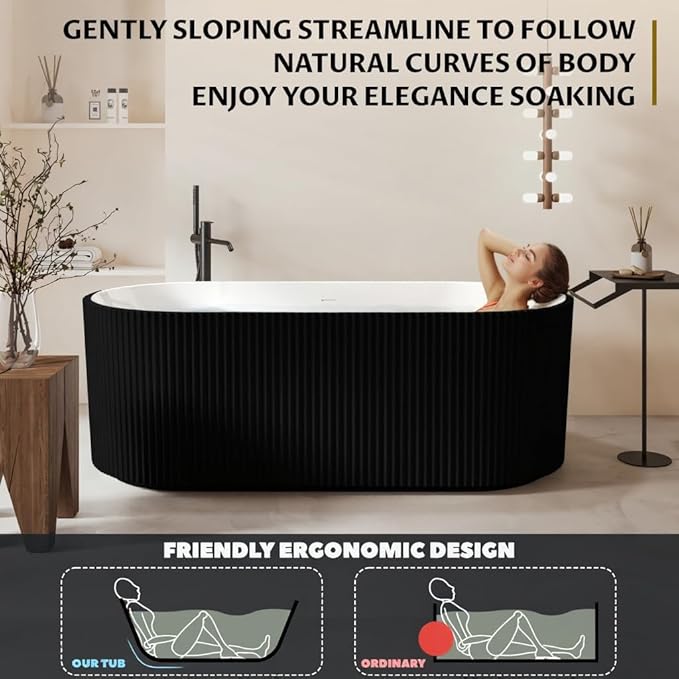 GarveeLife Freestanding Bathtubs 67 inch Black & White Acrylic Free Standing Soaking Tub – Contemporary Striped Design with Overflow Cover, Pop-Up Drain & Concealed Plumbing for Luxury Bathrooms