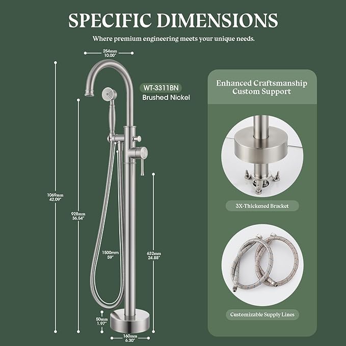 Free Standing Tub Faucet, Wintap Classic Freestanding Bathtub Faucet with Sprayer Brass Elegant Floor Mount Bath Faucets High Flow Roman Tub Filler, Brushed Nickel （WT-3311BN）