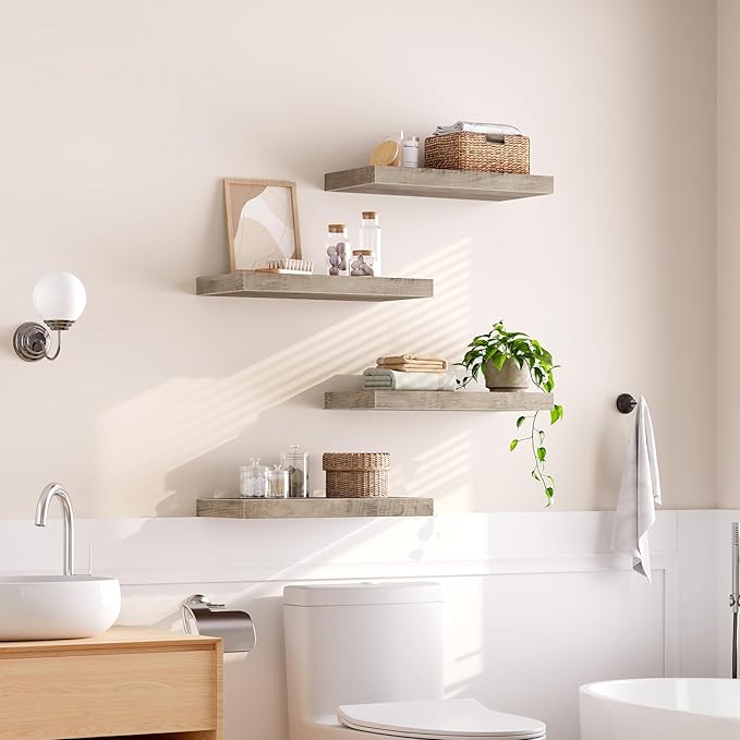 Floating Shelves for Wall, 1.5" Thick Wall Shelf Set of 4 with Invisible Brackets, 15.7L x 7.9W Hanging Shelves Farmhouse Home Decor for Bathroom, Living Room, Bedroom, Greige 4301BJP4BG