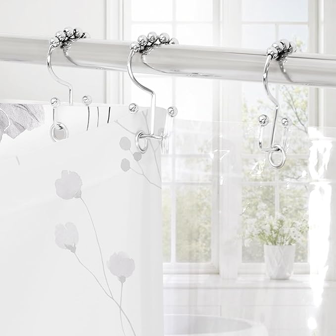 Gibelle 3 in 1 Shower Curtain Set, Charcoal Grey Watercolor Floral Bath Curtain and PEVA Liner Set with 12 Double Sided Steel Hooks, Waterproof Fabric Bathroom Curtain 72x72