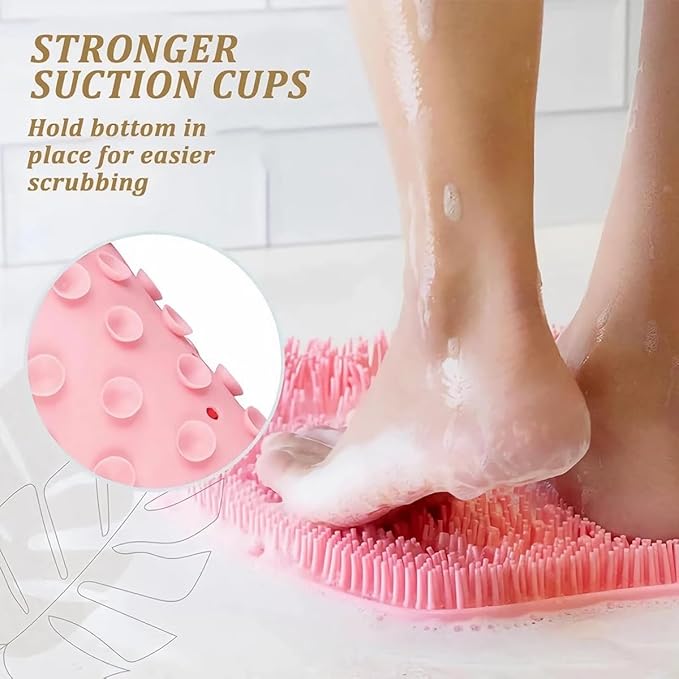 Shower Foot & Back Scrubber, Massage Pad with Suction Cups & Pumice Stone, Multi-Surface Silicone Bath Mat for Exfoliating and Massaging in Shower or Bathtub, 9.8x11.8 Inch (Green)