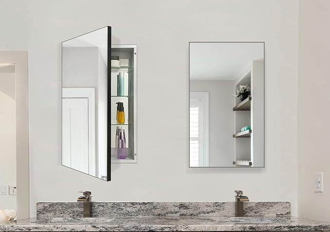 Bathroom Medicine Cabinet with Farmhouse Black Aluminium Alloy Framed 26(H) x 16(W) Inches Recess or Surface Mount Mirror Cabinet for Bathroom Toilet Kitchen