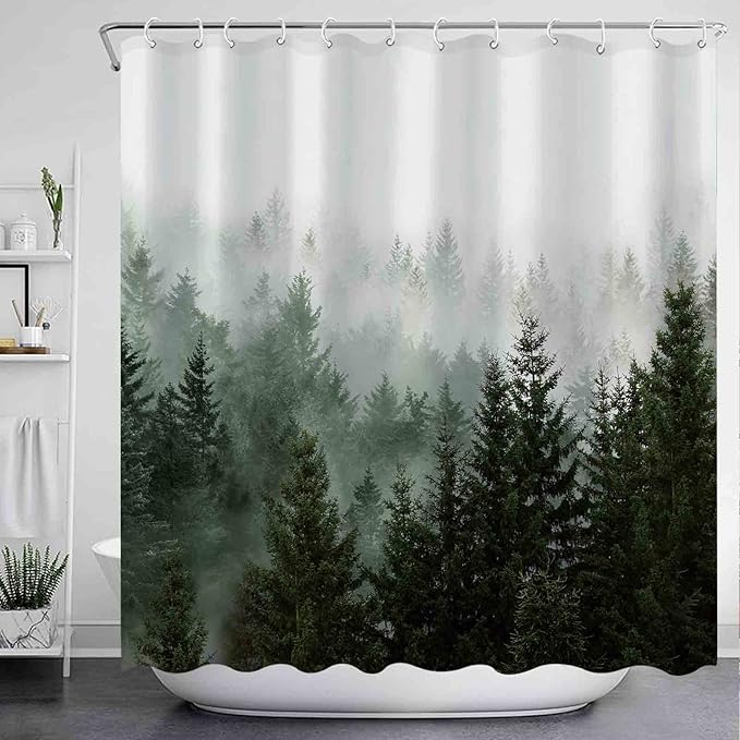 Aipon Green Misty Forest Shower Curtain Nature Tree Shower Curtain Set Dark Green Fabric Waterproof Shower Curtains for Bathroom Decor with 12 Hooks (72'' × 72'', Green4)