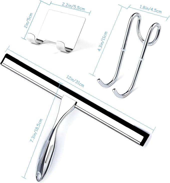 Shower Squeegee for Glass Doors, 12 Inches Bathroom Squeegee with Spare Silicone Blade, Shower Door Hook and Adhesive Hook, Stainless Steel Bathroom Squeegee for Mirror Window (12in-Silver-1 Pack)