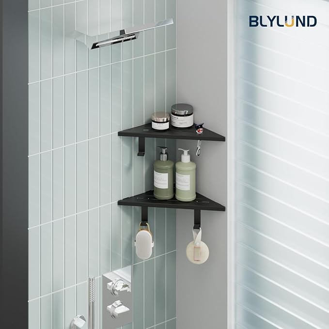 10’’ Shower Corner Shelf, Stainless Steel Shower Shelves with Razor Hole for Bathroom, Grout in Corner Shelf with Hooks for Tiled Wall 2 Pack, Matte Black