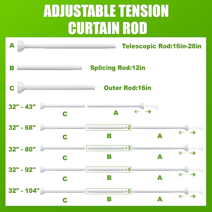 Ausemku Shower Curtain Rod - 32-104 Inch Rustproof Tension Rod, Non-Slip Spring Design, No Drilling Adjustable Curtain Rod for Bathroom, Kitchen, and Closet（White）