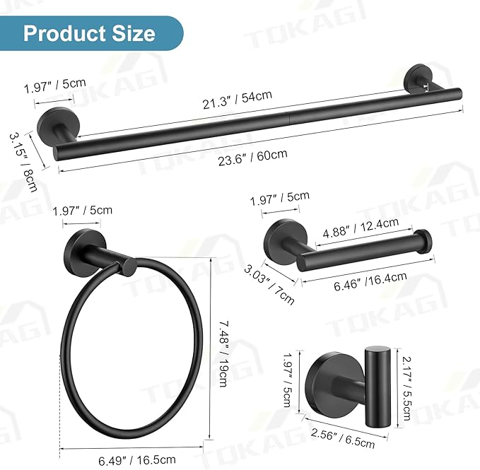 TQKAG Matte Black Bathroom Hardware Set 6-Piece Bathroom Accessory Set 23.6 Inch Round Stainless Steel Towel Bar Set Wall Mounted