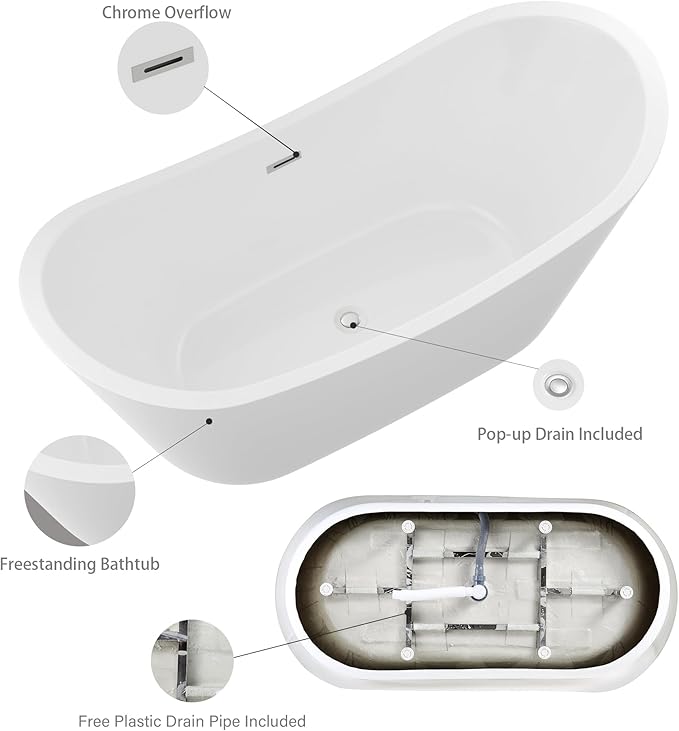 Logmey 67" Freestanding Bathtub White Acrylic Oval Shape Soaking Tub with Chrome Drain & Overflow Assembly for Classic Modern Bathrooms