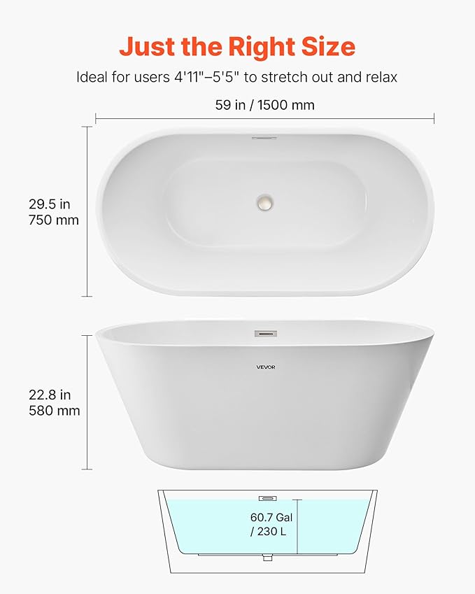 VEVOR Acrylic Freestanding Bathtub, 59 Inch Contemporary Soaking White Tub with Brushed Nickel Overflow and Drain, Elegant Oval Shape Stand Alone Soaker Tub for Modern Bathroom or Remodel Projects