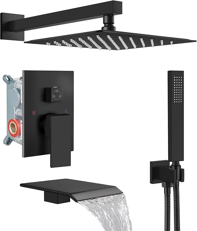 Midanya Rain Shower System with Tub Spout,Tub Shower Faucet Set with rainfall Shower Head and Handheld Spray,Wall Mount Tub Shower Combo Rough-in Valve Included,8 Inch Matte Black