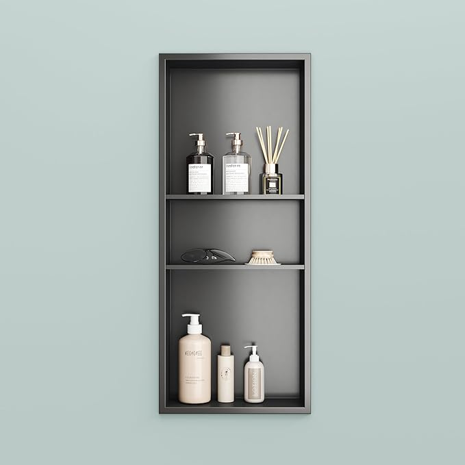Neodrain 12X30 in Shower Niche, Gun Metal 3-Tier Wall Niche Stainless Steel Cabinet No Tile Needed Recessed Niche for Bathroom Storage