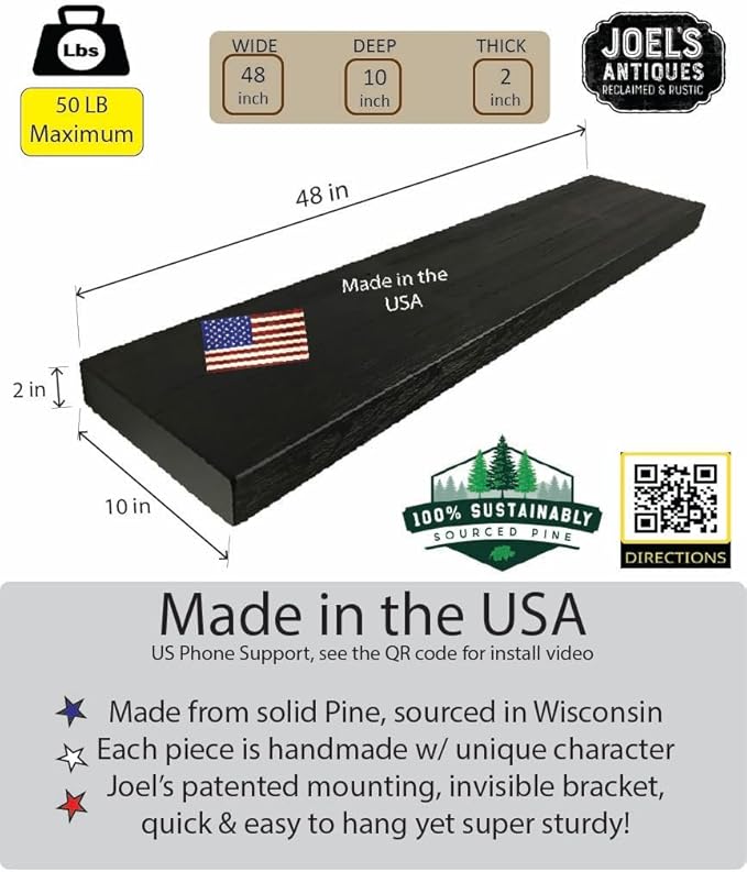 joelsantiques 48 Inch Floating Shelves for Wall - 48x10x2 - Made of Natural Wood - Easy Install - Heavy Duty Rustic Book Shelves - Perfect for Bathroom |Kitchen, Living Room, Bar - Black