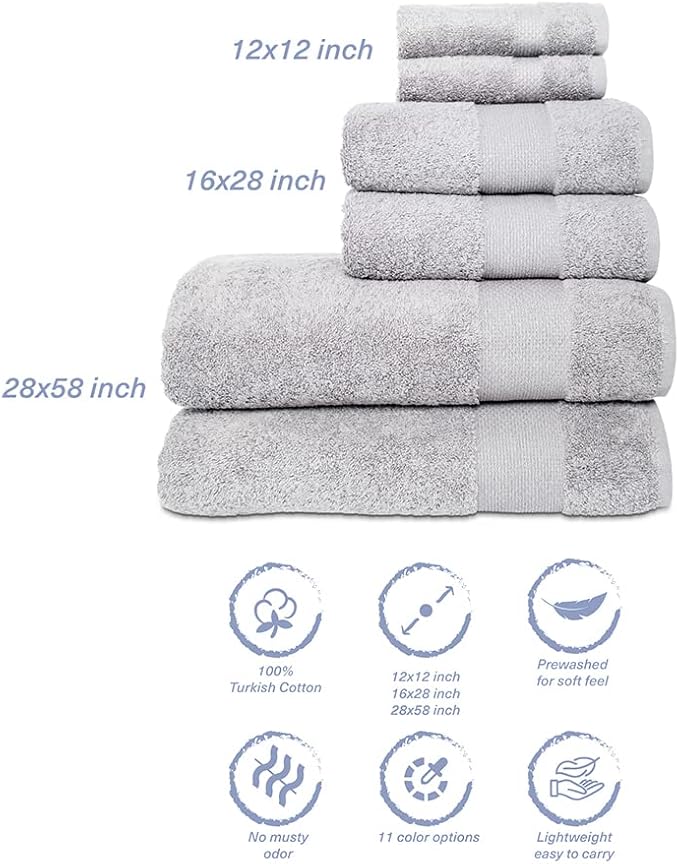 Hencely 6-Piece Bath Towel Set - High Absorbency, Quick Drying - 100% Soft Turkish Cotton - 2 Bath Towels, 2 Hand Towels, 2 Washcloths - for Bathroom, Home, Hotel, Spa, and Gym - 6-Pack Silver