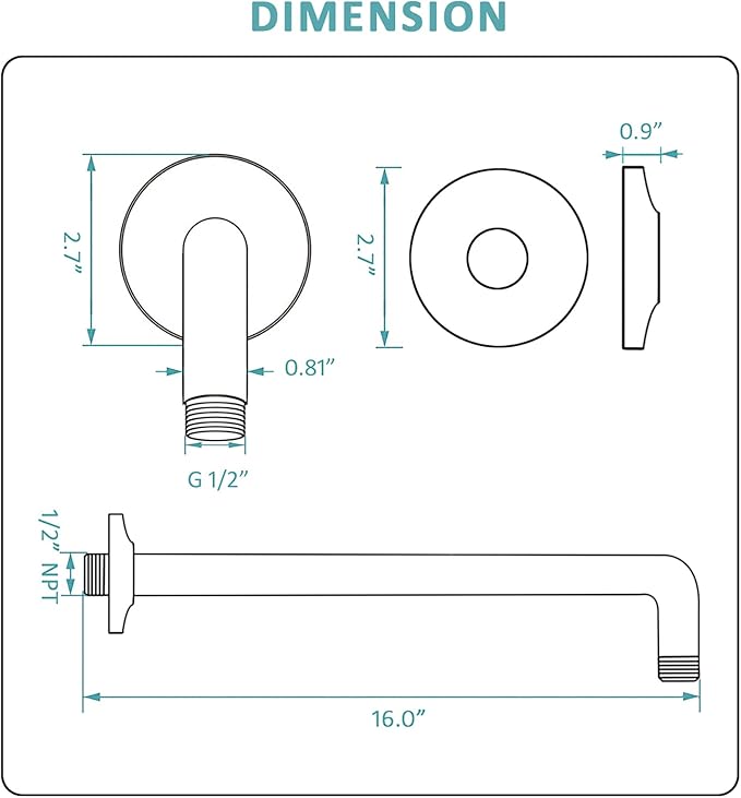 BESTILL 16 Inch L-Shaped Shower Head Extension Arm, Shower Arm and Flange Included, Matte Black