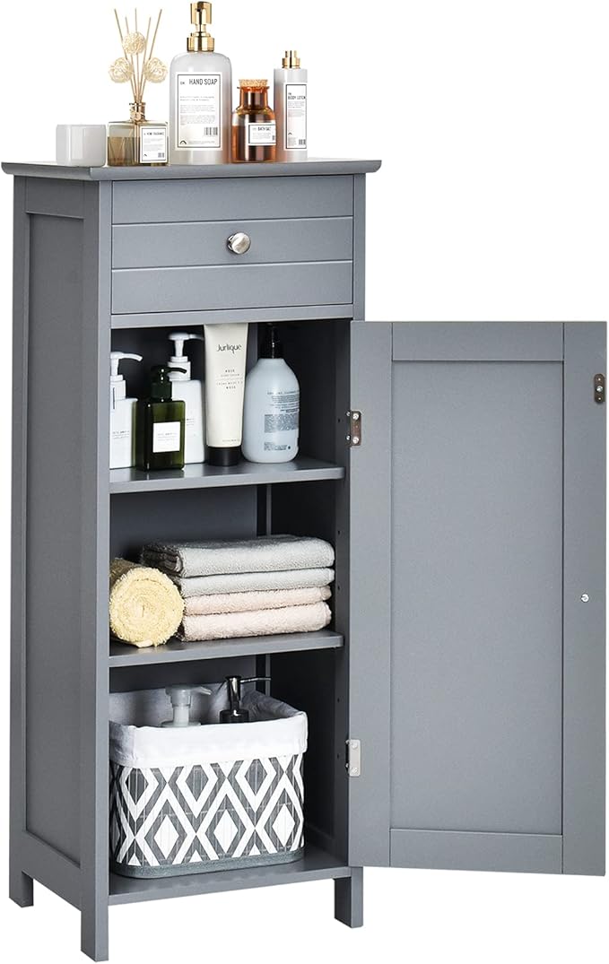 DORTALA Bathroom Floor Cabinet, Free-Standing Wooden Floor Storage Cabinet w/Large Drawer & 2 Adjustable Shelves, Morden Side Storage Bathroom Organizer Cabinet for Living Room, Grey