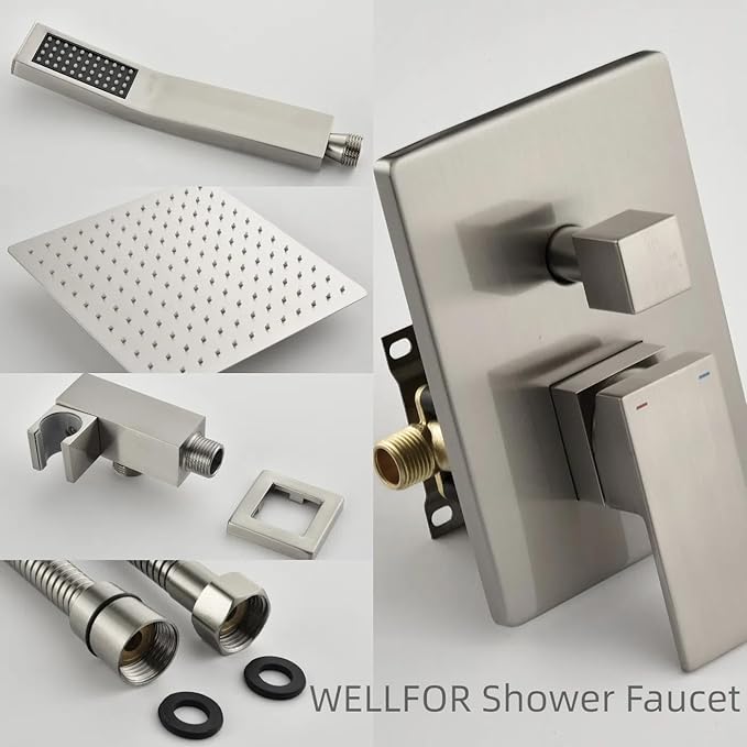 WELLFOR Wall Mounted Shower Faucet Set, Bathroom Showers Faucets, Shower System With 10" Square Rain Shower Head and Handheld, 2.5 GPM, Rough in Valve, Hot Cold Water, Single Handles (Brushed Nickel)