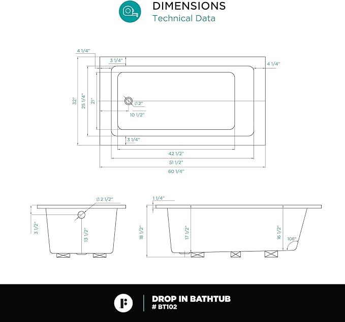 Fine Fixtures Drop In White Soaking Bathtub, Fiberglass Acrylic Material, 60"L x 32"W x 19"H
