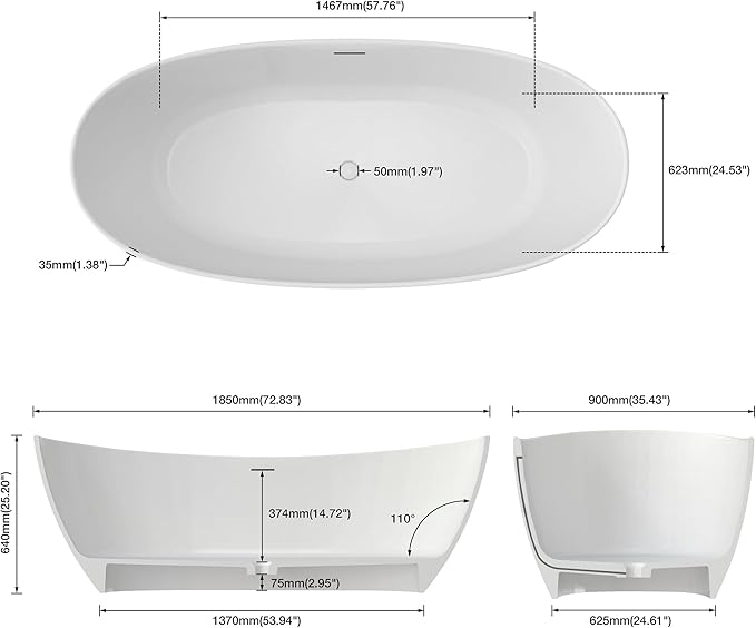 73" Premium Solid Surface Freestanding Bathtub, Contemporary Design Stand Alone Stone Resin Tub with Overflow and Pop-up Drain, Matte White