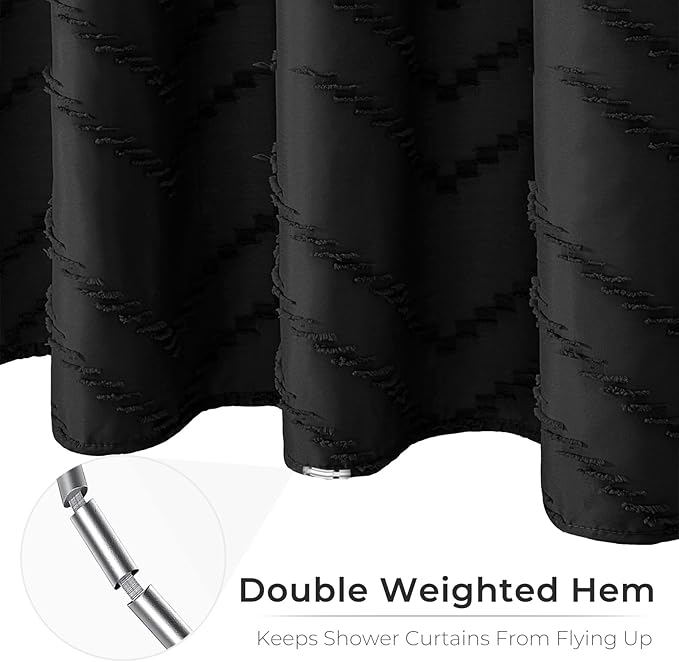 Extra Long Black Boho Shower Curtain 96 Inch Black Tufted Chevron Striped Fabric Shower Curtains for Bathroom Modern Shabby Chic Waterproof Cloth Shower Curtain Set with Hooks