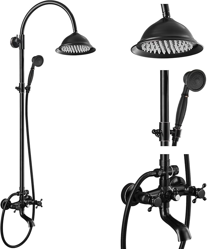 gotonovo Bathroom Classic Exposed Shower Faucet Wall Mount Shower System 8 Inch Luxurious Rainfall Shower Head Set with Tub Spout and Handheld Spray Double Cross Handles Oil Rubbed Bronze