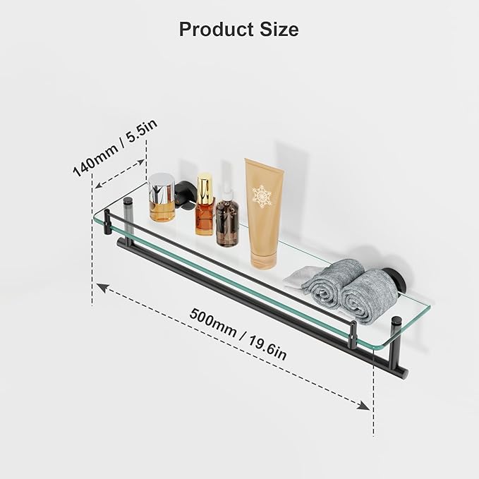 20-Inch Tempered Glass Bathroom Shelf with Towel Bar - Matte Black & Stainless Steel, Wall Mount Rustproof Tower Rail with Shelves