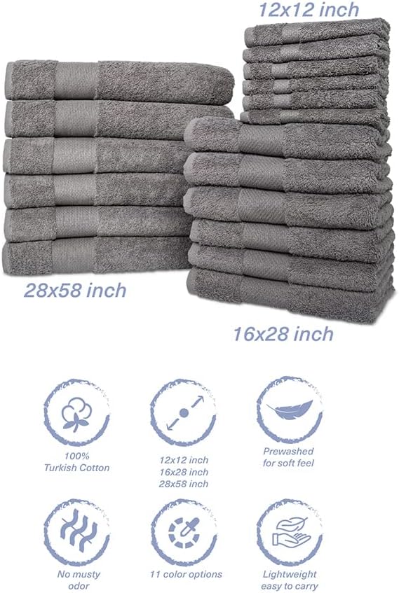 Hencely 18-Piece Bath Towel Set - High Absorbency, Quick Drying - 100% Soft Turkish Cotton - 6 Bath Towels, 6 Hand Towels, 6 Washcloths - Bathroom, Home, Hotel, Spa, and Gym - 18-Pack Gray