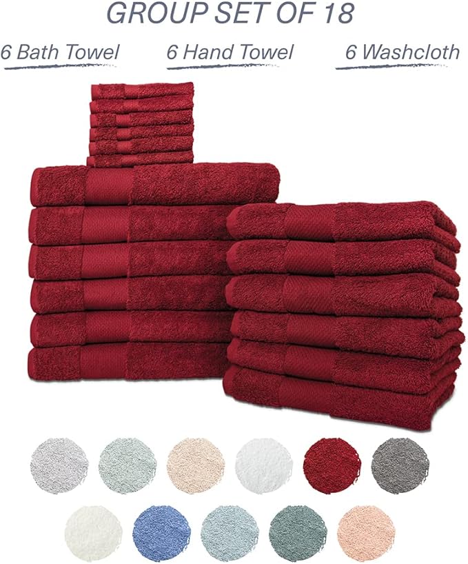 Hencely 18-Piece Bath Towel Set - High Absorbency, Quick Drying - 100% Soft Turkish Cotton - 6 Bath Towels, 6 Hand Towels, 6 Washcloths - Bathroom, Home, Hotel, Spa, and Gym - 18-Pack Red