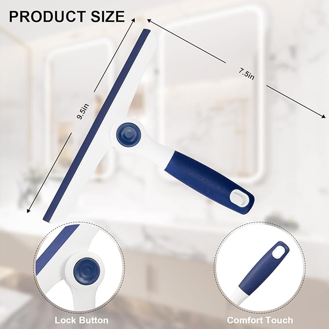 9.5" Foldable Window Squeegee, Handheld Squeegee with Soft Handle for Window Cleaning，Glass Doors, Car Windshields，Shower Doors，Blue