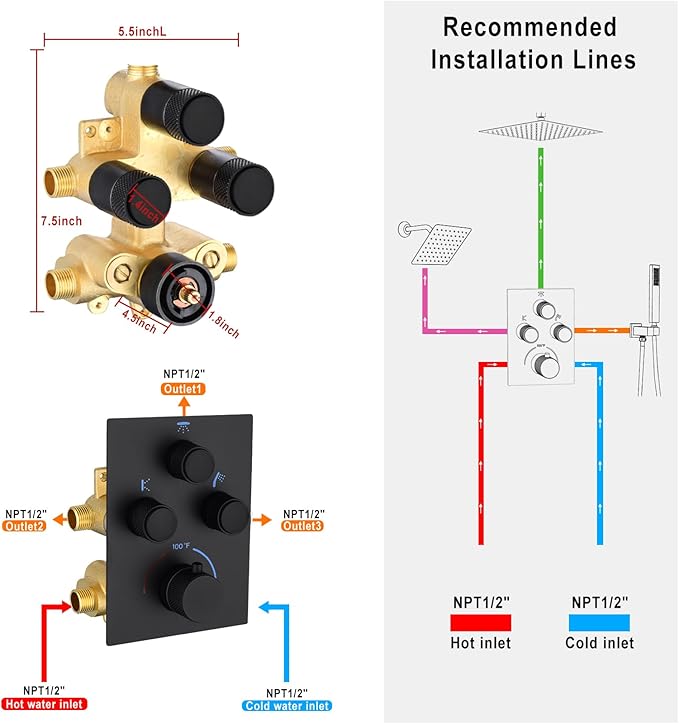 Modern Push Button 3 Way Thermostatic Shower Valve, Concealed Multi Function Brass Faucet Rough-In Mixer Shower Diverter Valve Kit Can Control Flow and On-Off Simultaneously, Matte Black