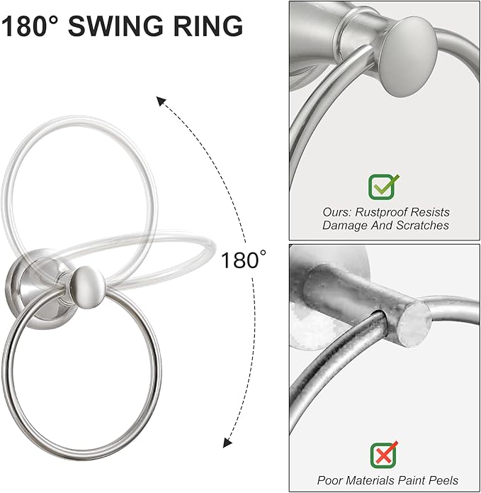 BESy Brushed Nickel Bathroom Hand Towel Ring Towel Holder, Rustproof Wall Mounted Bathroom Hardware Accessory SUS 304 Stainless Steel Towel Rack