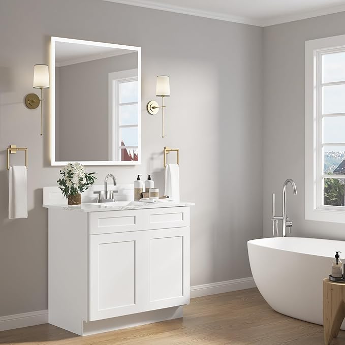 ROOMTEC Bathroom Cabinet, 36'' Free Standing Single Bathroom Vanity with 2 False Drawers and 2 Doors,Morden Bathroom Sink Vanity Storage Cabinet, Shaker White