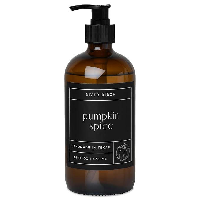 River Birch Pumpkin Spice Scented Natural Hand Soap -Handmade Soap -Moisturizing Hand Wash with Amber Glass Dispenser - Luxury Scented Hydrating Hand Soap - Vegan and Non-Toxic -16 Fl Oz