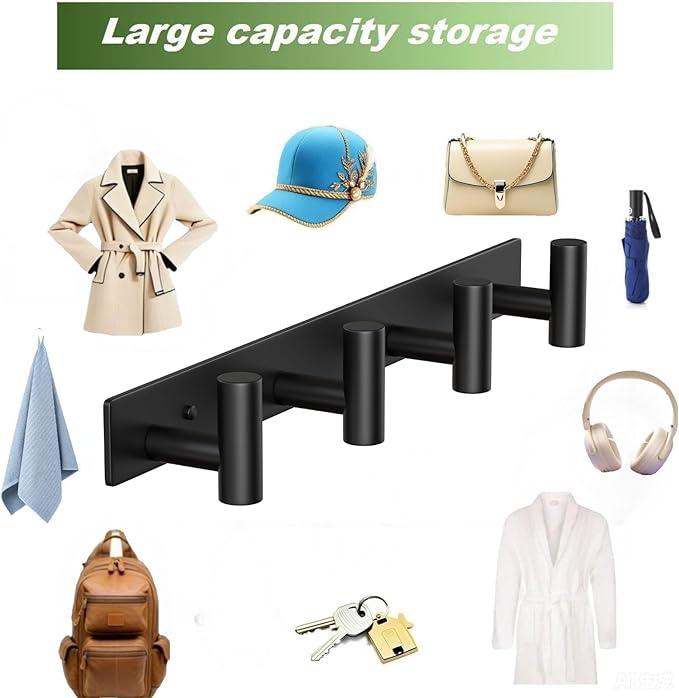 Coat Rack Wall Mounted-4 Hooks, Heavy Duty Stainless Steel Wall Hooks for Towel Coat Bag, Hat Rack Coat Hanger Coat Hooks Towel Racks for Bathroom Entryway Kitchen Hotel (Black, 2 Packs)