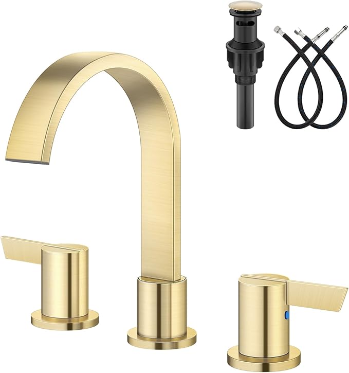 Aolemi Bathroom Faucets 3 Hole,8 Inch Widespread Waterfall Bathroom Sink Faucet,2 Handles Vanity Faucet with Pop-up Drain and Supply Hose,Gold
