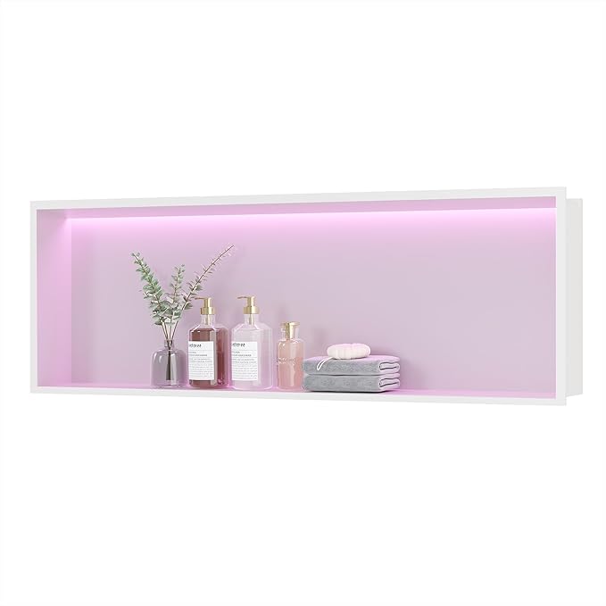 RGB LED Light Shower Niche, White 36X12 in Stainless Steel Built-in Storage with Remote Control, Waterproof No Tile Needed Wall Niche for Bathroom Storage Built-in Installation