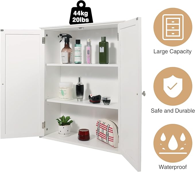 Wall Mount Bathroom Storage Cabinet, White Bathroom Cabinet with Doors and Adjustable Shelves, Wall Cabinet for Bathroom Above Toilet, Medicine Cabinet Wall Mounted, Wood