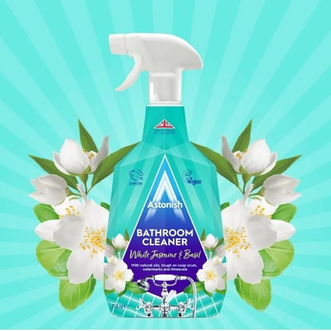 Astonish 750ml Streak-Free White Jasmine & Basil Foaming Bathroom Cleaner Spray Bottles, 2 Pack – Deep Clean Soap Scum, Watermarks & Limescale – Vegan, Cruelty-Free Household Cleaning Supplies