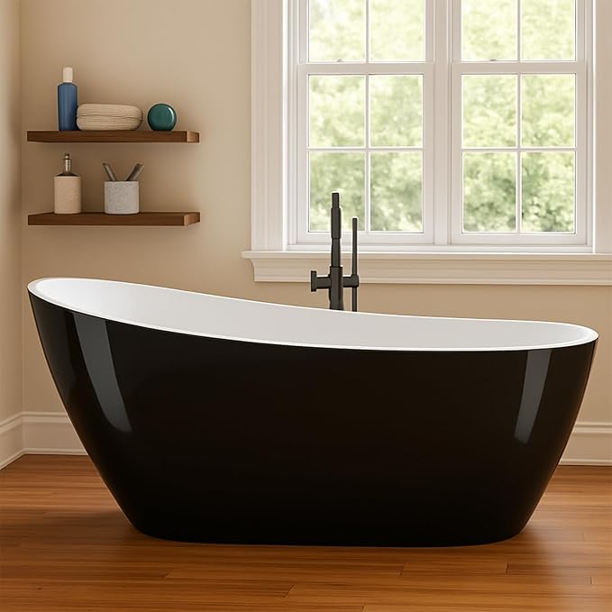 67" Deep Soaking Bathtub, Non-Slip Acrylic Tub with Chrome Drain, CUPC Certified, Ergonomic Modern Bath for Bathrooms, Easy-Install, Black Upturned
