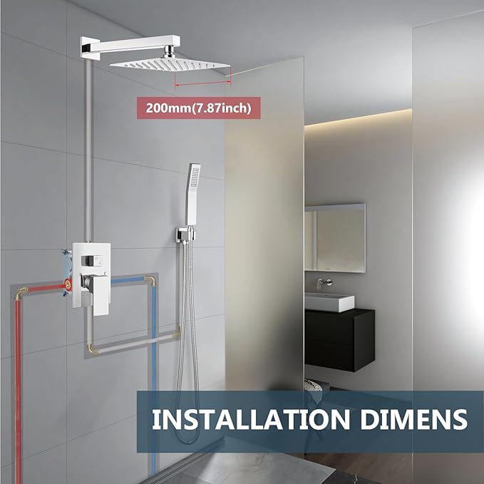 Aolemi Shower Faucet Set Rain Shower System with Handheld Spray Bathroom Shower Combo Rough-in Valve and Shower Trim Kit Included Polish Chrome 8 Inch Wall Mount Shower Head