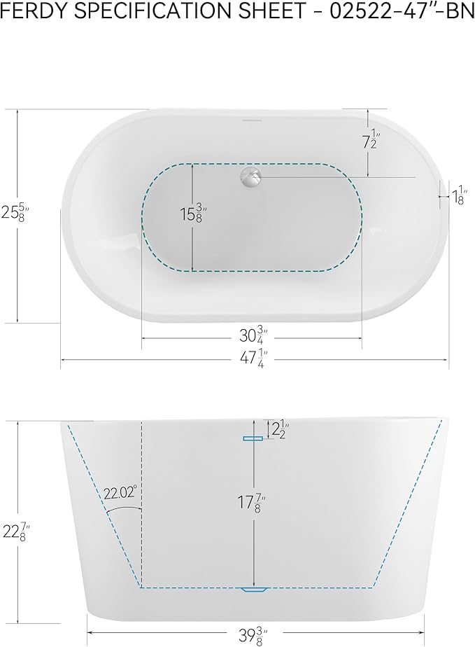 FerdY Shangri-La 47" Acrylic Freestanding Bathtub, Small Classic Oval Shape Acrylic Soaking Bathtub with Chrome Drain & Minimalist Linear Design Overflow, Modern White, cUPC Certified