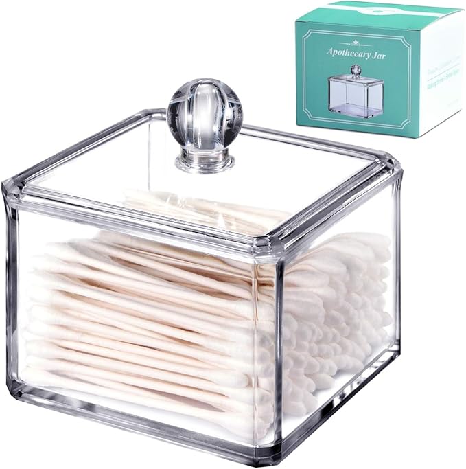 SheeChung Modern Square Qtip Holder Acrylic Bathroom Vanity Countertop Storage Organizer Canister Jar for Cotton Swabs, Rounds, Balls, Makeup Sponges, Bath Salts - 1 Pack - Clear