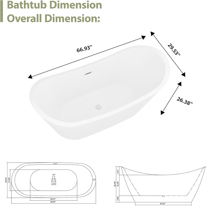 67 Inch Acrylic Freestanding Soaking Bathtub - Mocoloo Contemporary Soaking White Tub Stand Alone Bathtub with Overflow and Drain
