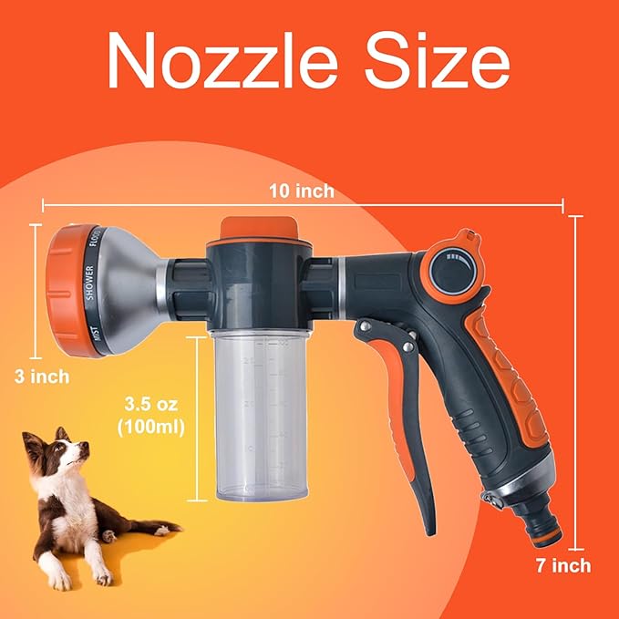 Dog Washing Hose Attachment, 8-in-1 Sprayer Hose Nozzle with Soap Dispenser for Dog Showering, Watering Flowers, Car Washing (Nozzle Only)