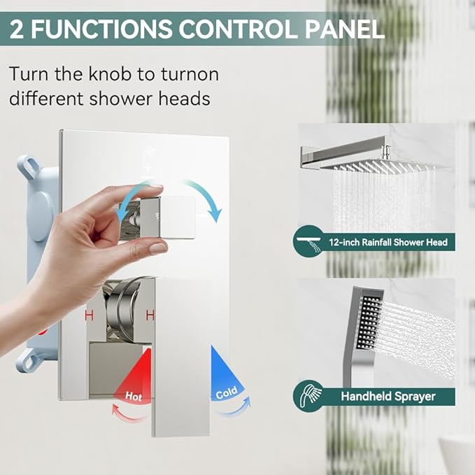 Shower Faucet Set Chrome Shower System, Starbath 12" Rain Shower Head and Handheld Spray Shower Set Complete Wall Mounted, 2 Way Pressure Balance Shower Valve and Trim Kit Included
