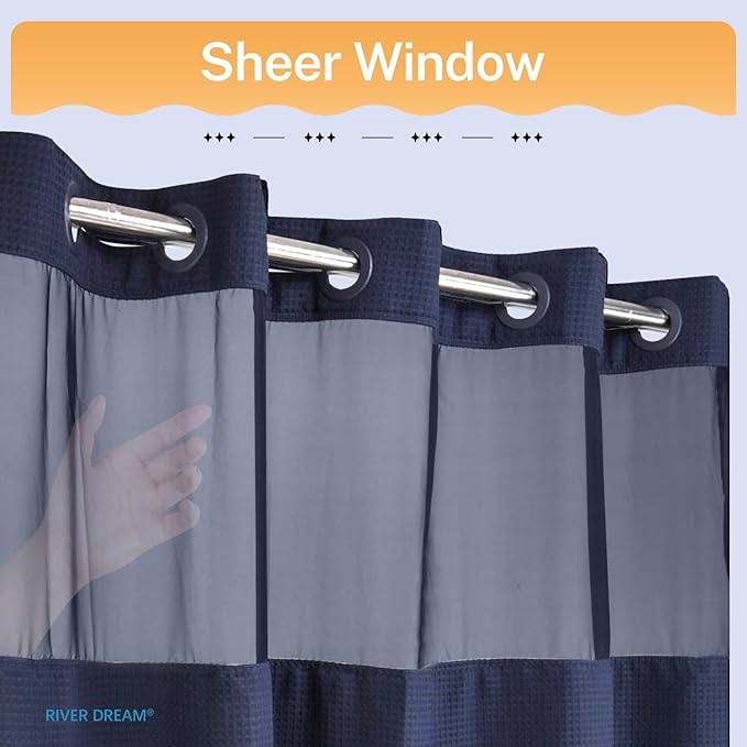 River Dream Heavyweight Navy Blue No Hooks Required Dotted Waffle Weave Shower Curtain with Snap in Liner - 71W x 74H,Hotel Grade,Spa Like Bath Curtain