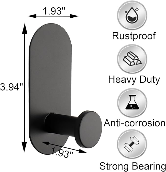 TocTen Adhesive Hook - 3 Pack Heavy Duty Sticky Towel/Robe Hook, Waterproof Stainless Steel Shower Hook, No Drill Stick on Wall Coat/Clothes Hooks for Bathroom, Kitchen, and Offices(Matte Black)