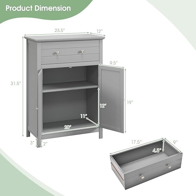 LOKO Bathroom Floor Cabinet, Kitchen Storage Cabinet with 1 Drawer, 2 Doors & 3-Position Adjustable Shelf, 2-Door Floor Storage Cabinet for Bathroom, Living Room, Entryway (Grey)