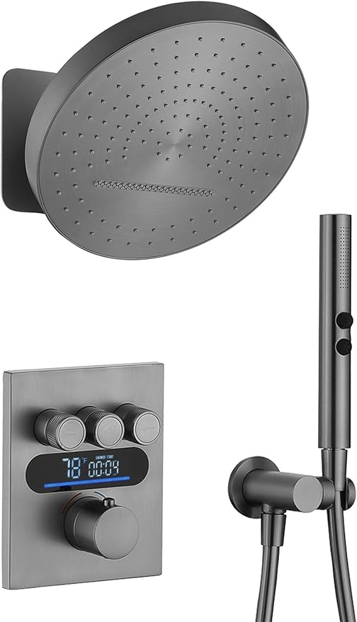 Lefton Shower System in Fahrenheit Display (Battery-free), 13” Overhead Round Rainfall Shower Head with All-in-one Handheld Spray Showerhead, 4-in-1 Control System, SSWM2501 (Grey)