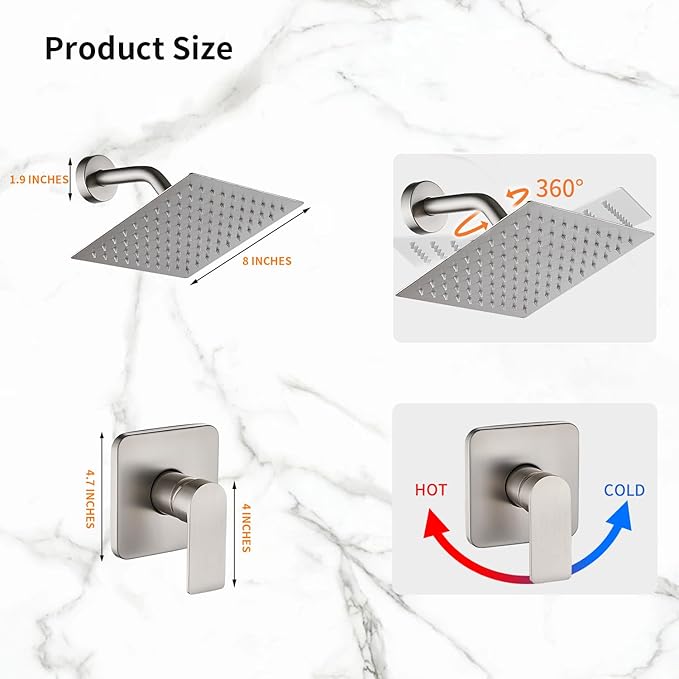 Brushed Nickel Shower Faucet Single Function Trim Kit with Rough-in Valve Set Bath Rainfall Shower System 8inch Square Stainless Steel Metal Shower Head