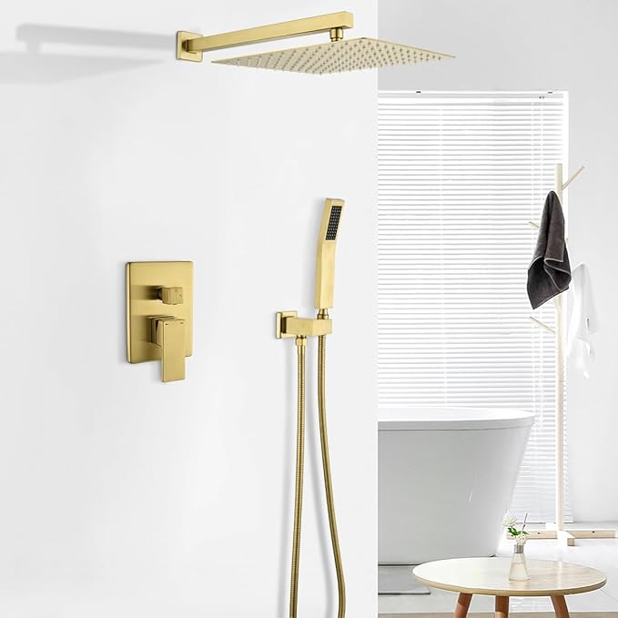 WELLFOR Brushed Gold 12" Wall Mounted Shower Faucet Set Single Handles, Dual Head Shower Faucet System with 2-way Diverter, Shower System with Handheld Spray, Rough in Valve, Hot Cold Water